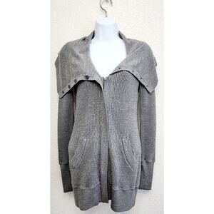 Loft Lounge Gray Ribbed Full Zip W/Button Up Collar Cardigan Small Wool